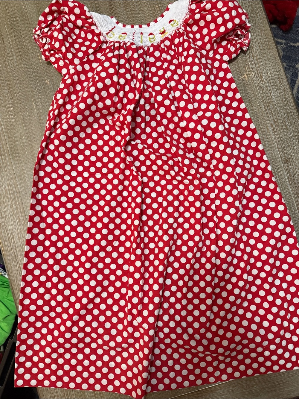Girls Red Polka Dot “Believe” Dress